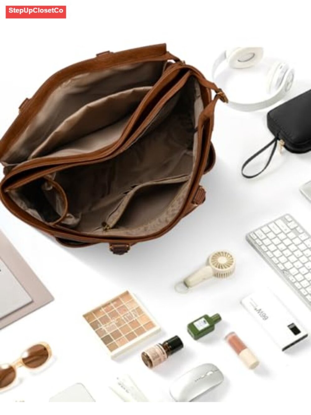 Faux Leather Tote Bag, Padded Laptop Compartment, Work & Travel - Picture 2 of 6